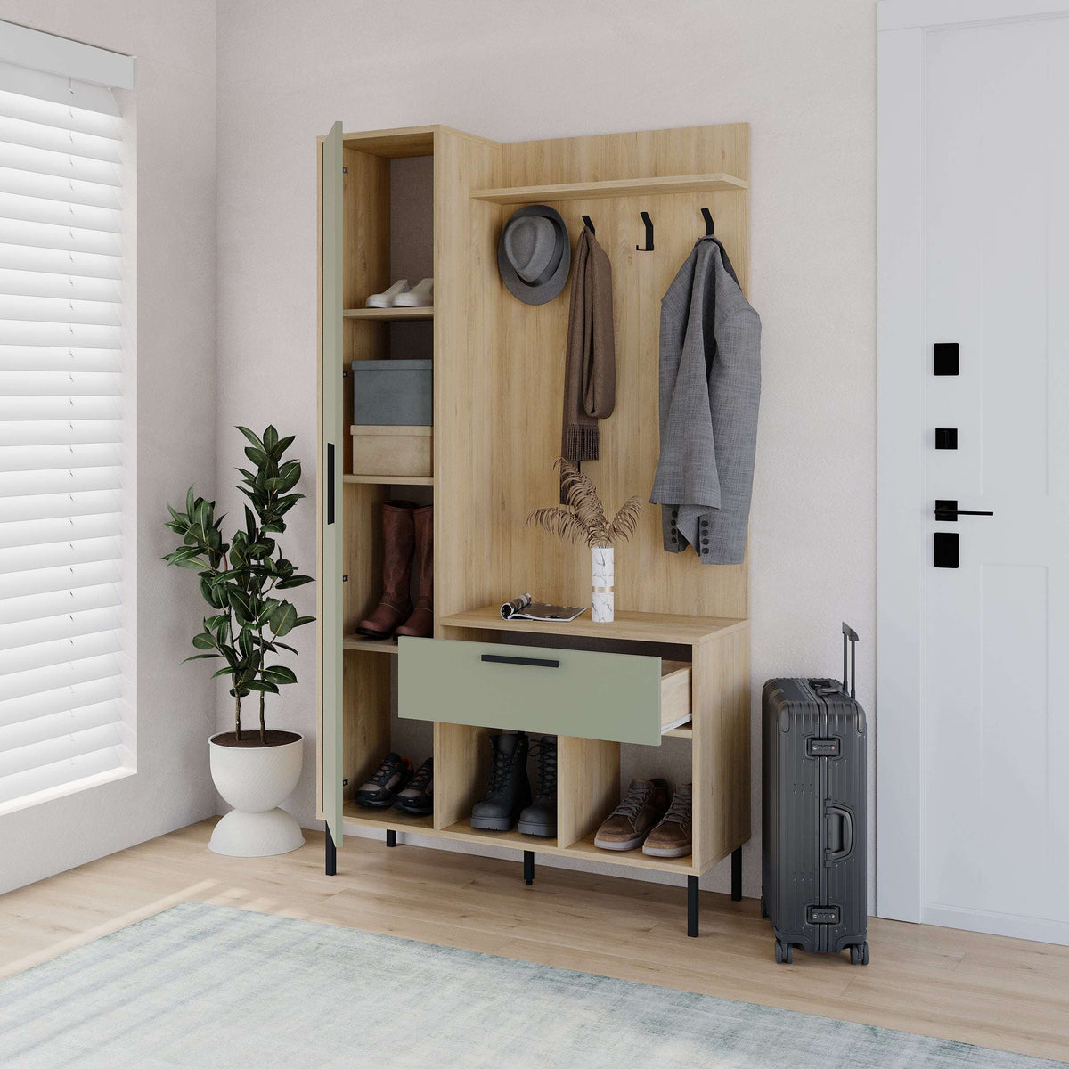 Light oak hall stand with coat hooks, light green drawer, and open shoe storage cubbies