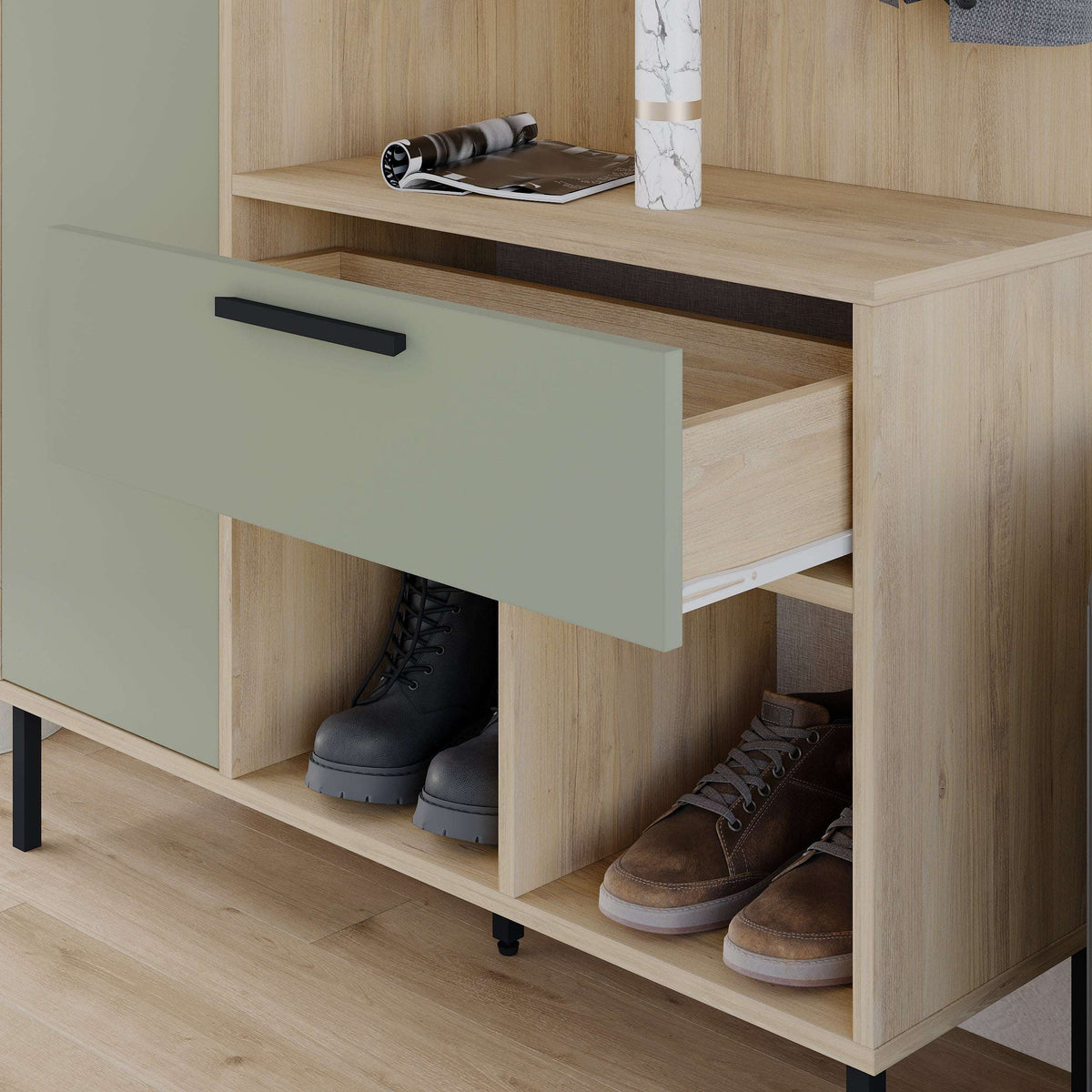 Oak hall stand with open shoe cubbies and a light green drawer front