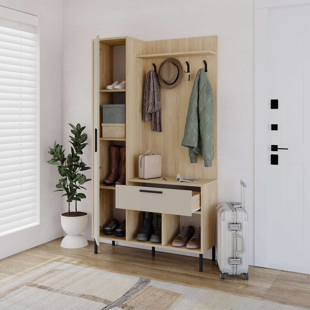 Light oak hall stand with coat hooks, door cabinet, drawer, and shoe storage cubbies