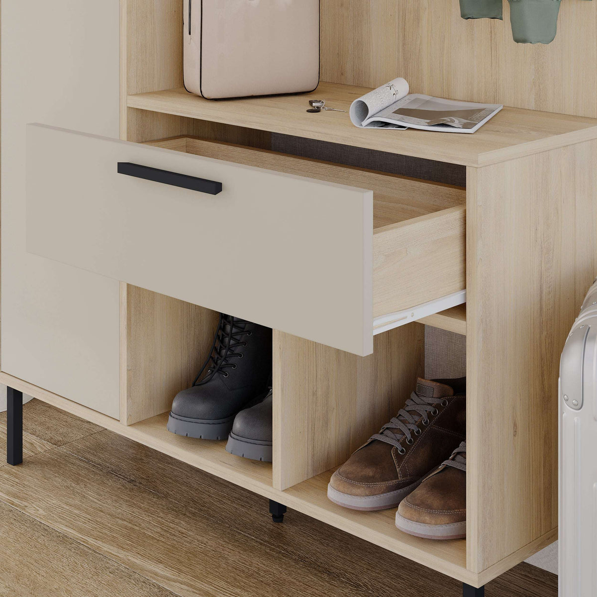 Shoe storage hall stand with open compartments and front drawer in light wood and white