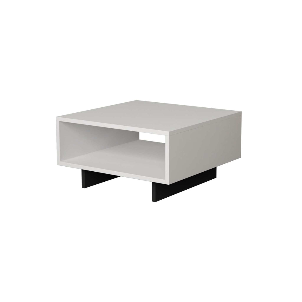 White modern coffee table with open cubby shelf and sleek block legs