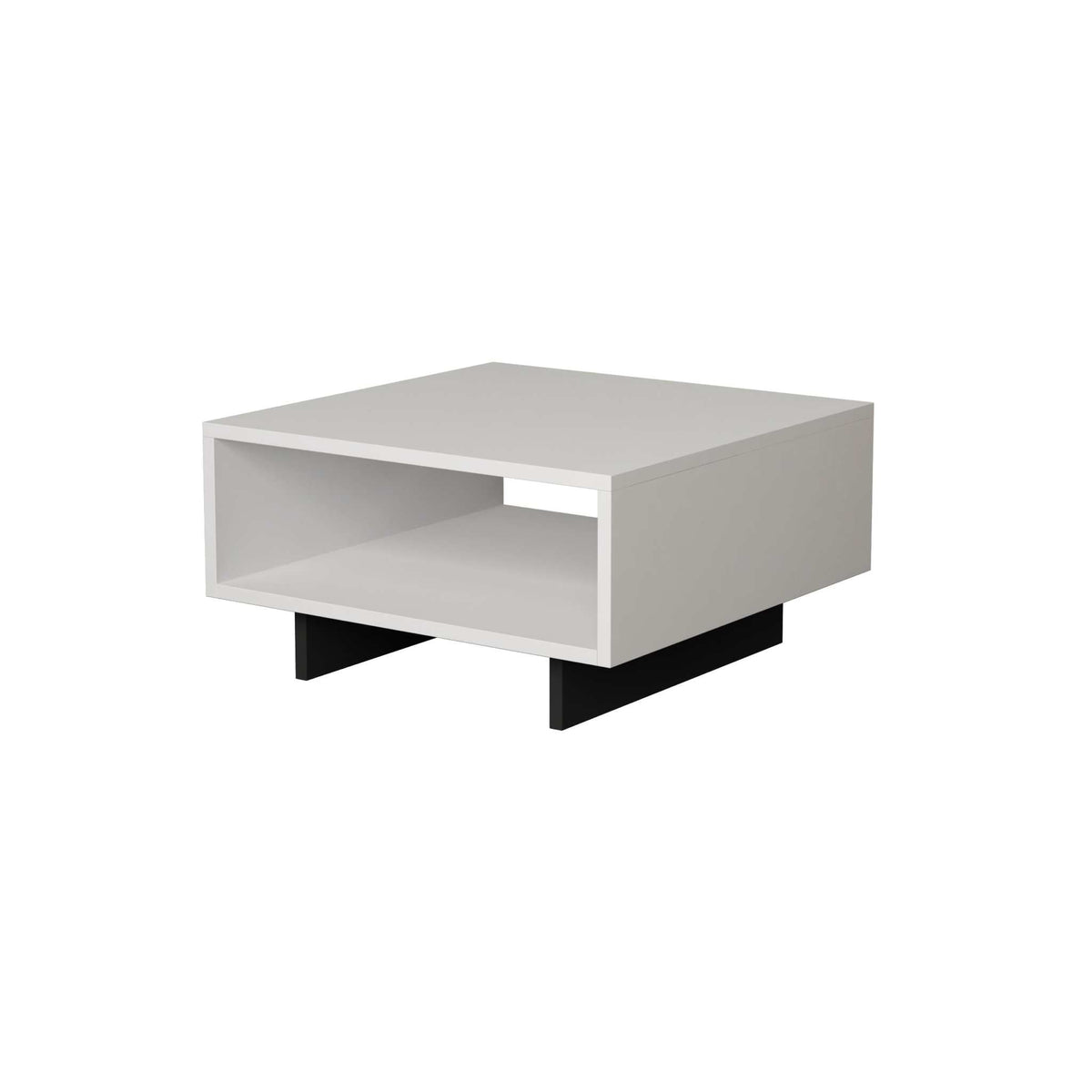 White modern coffee table with open cubby shelf and sleek block legs