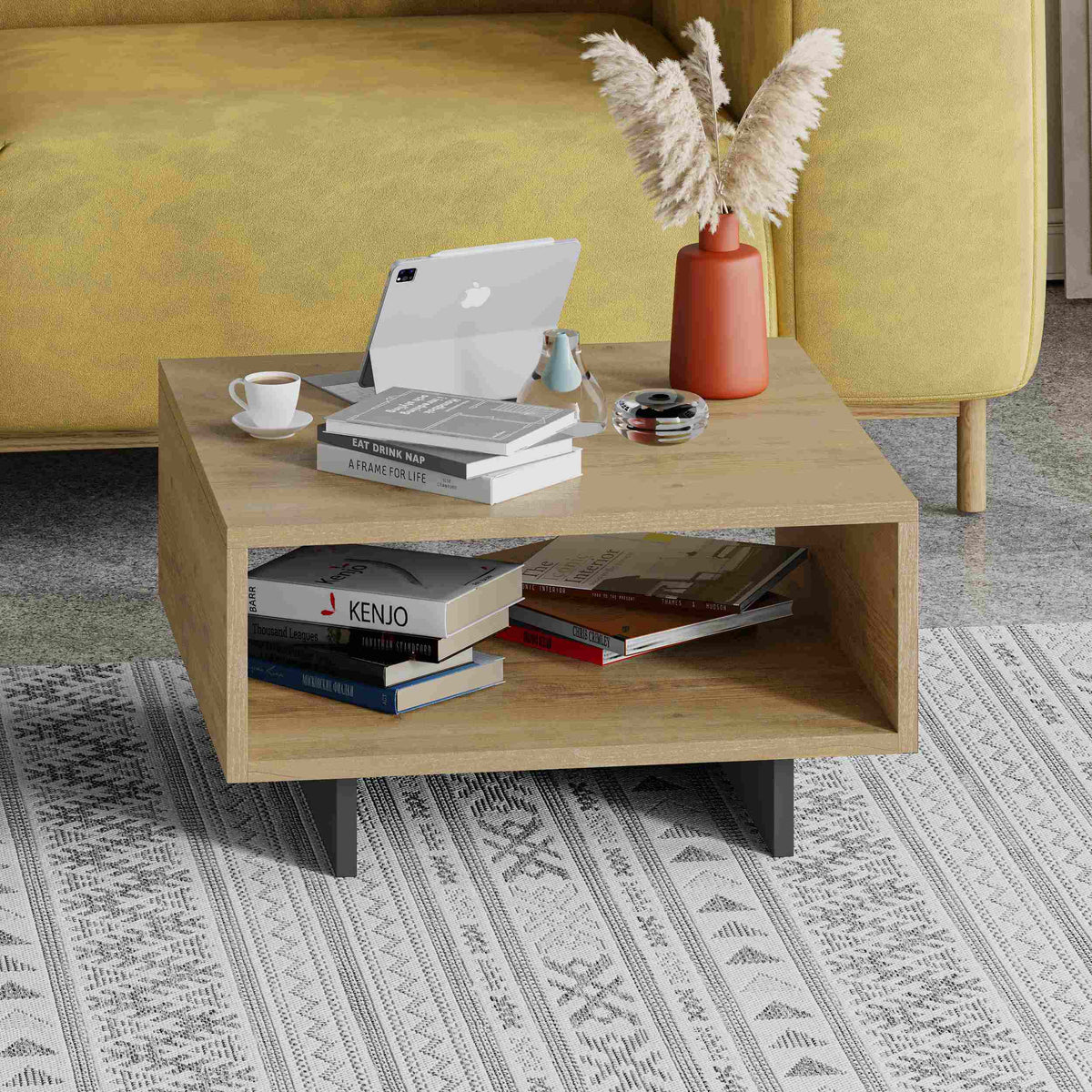 Oak modern coffee table with open storage shelf and smooth flat tabletop