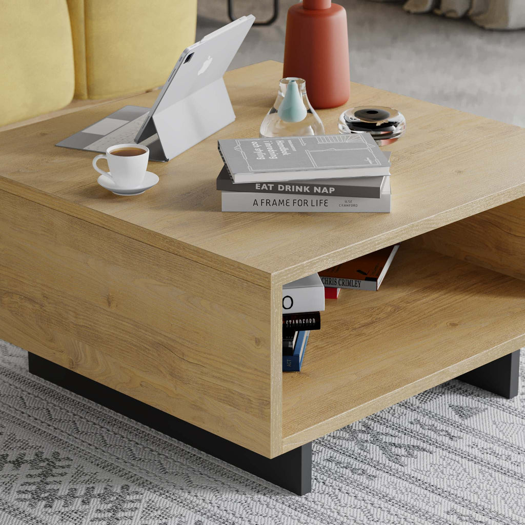 Oak modern coffee table with open shelf and dark legs