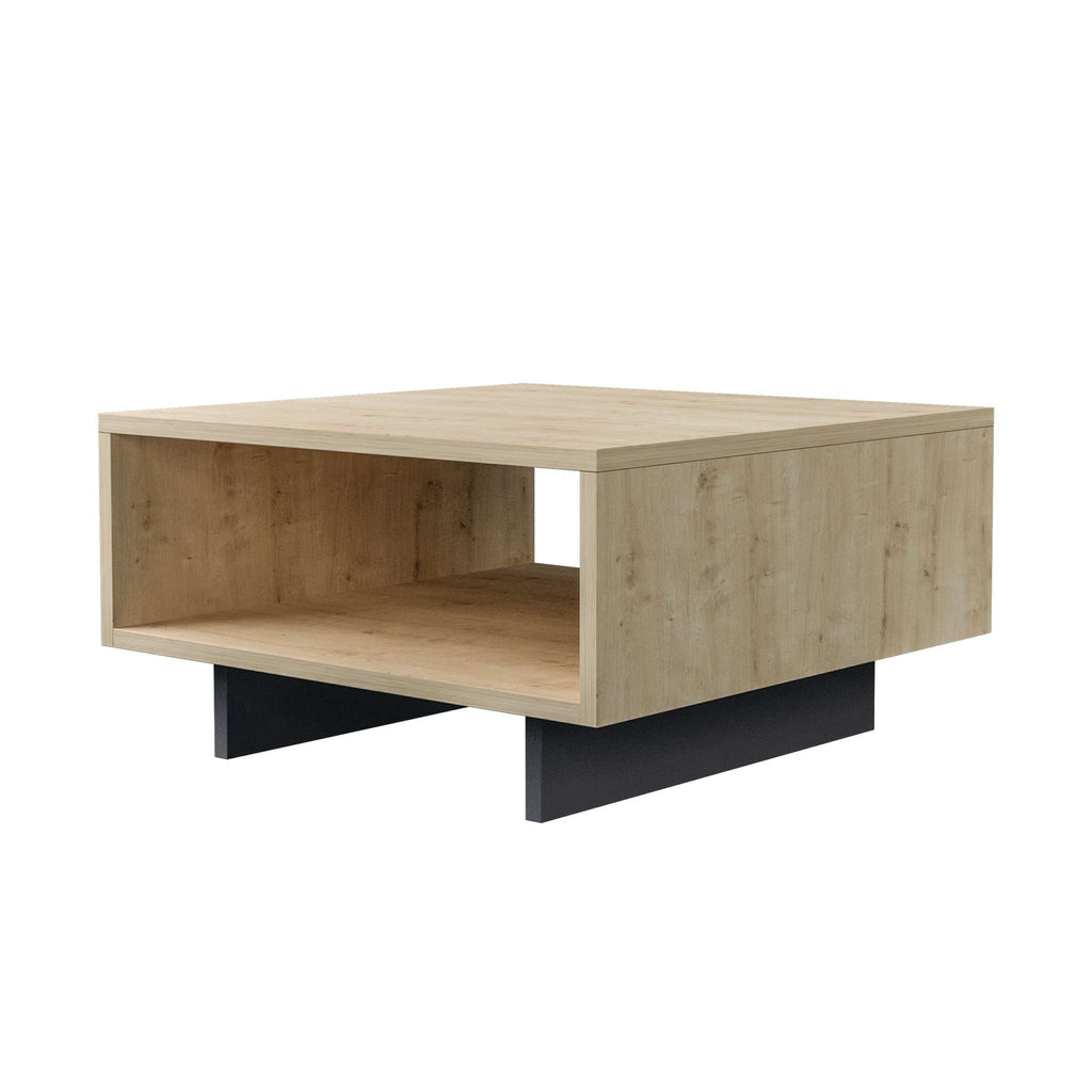 Modern coffee table in oak wood with open shelf and black base supports