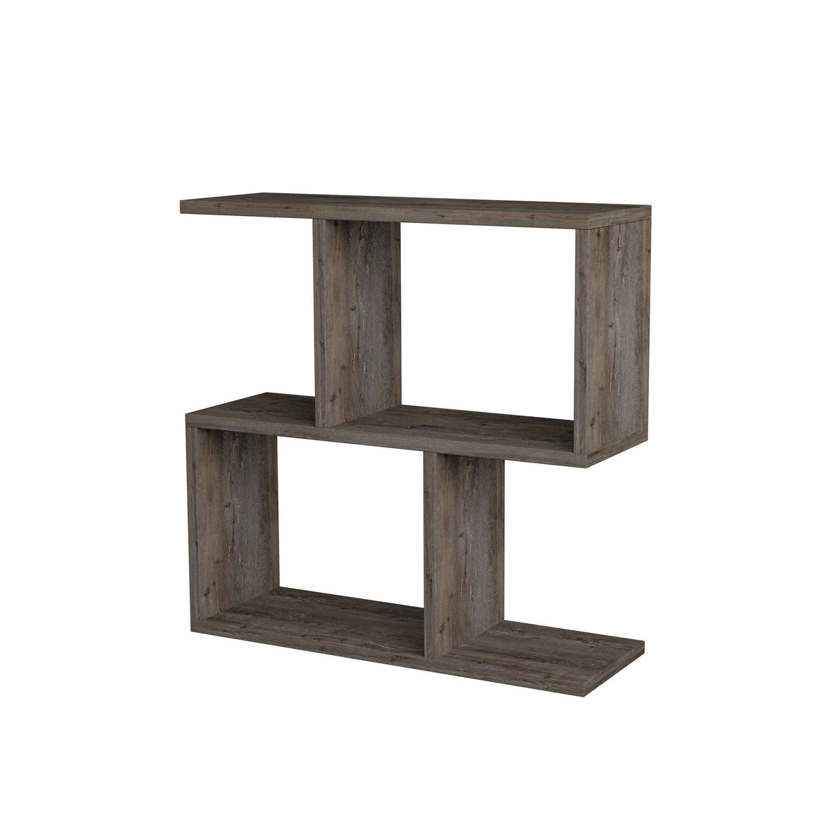 Modern side table with 4 open shelves, dark gray reclaimed-look wood