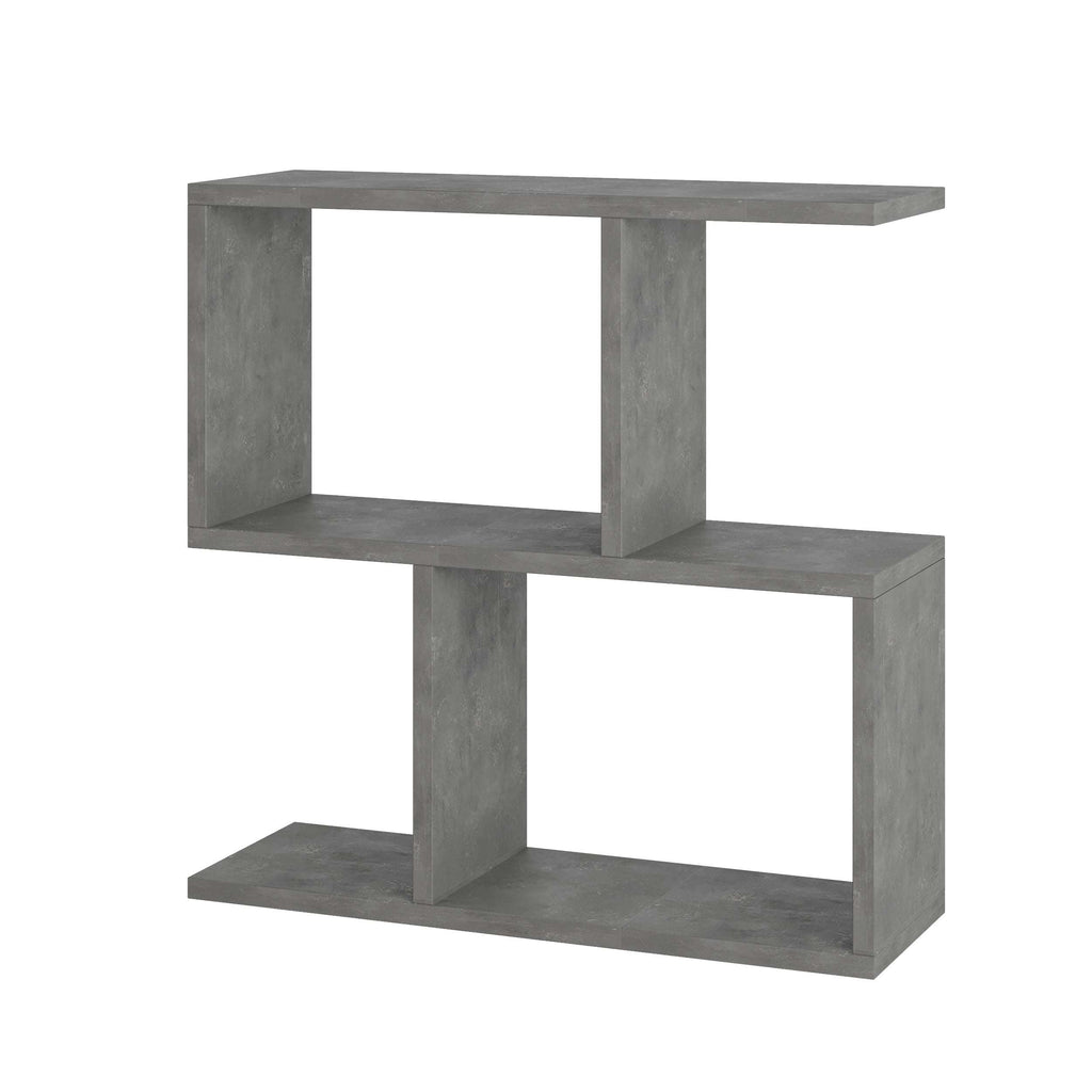 Modern side table with 4 open shelves, concrete-gray wood finish