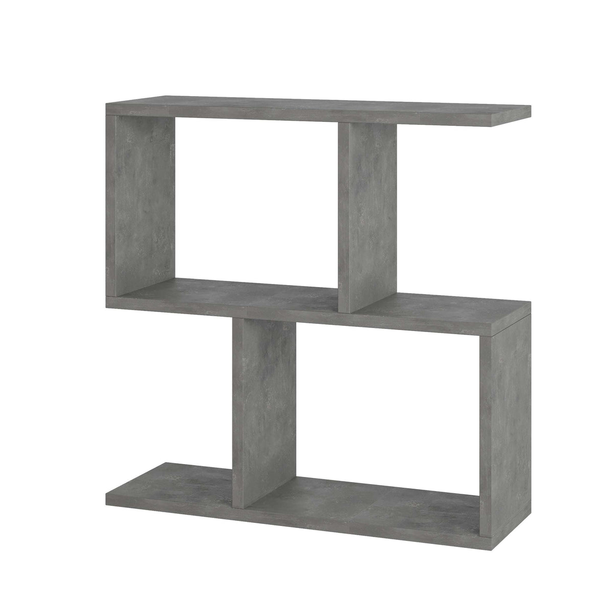 Modern side table with 4 open shelves, concrete-gray wood finish