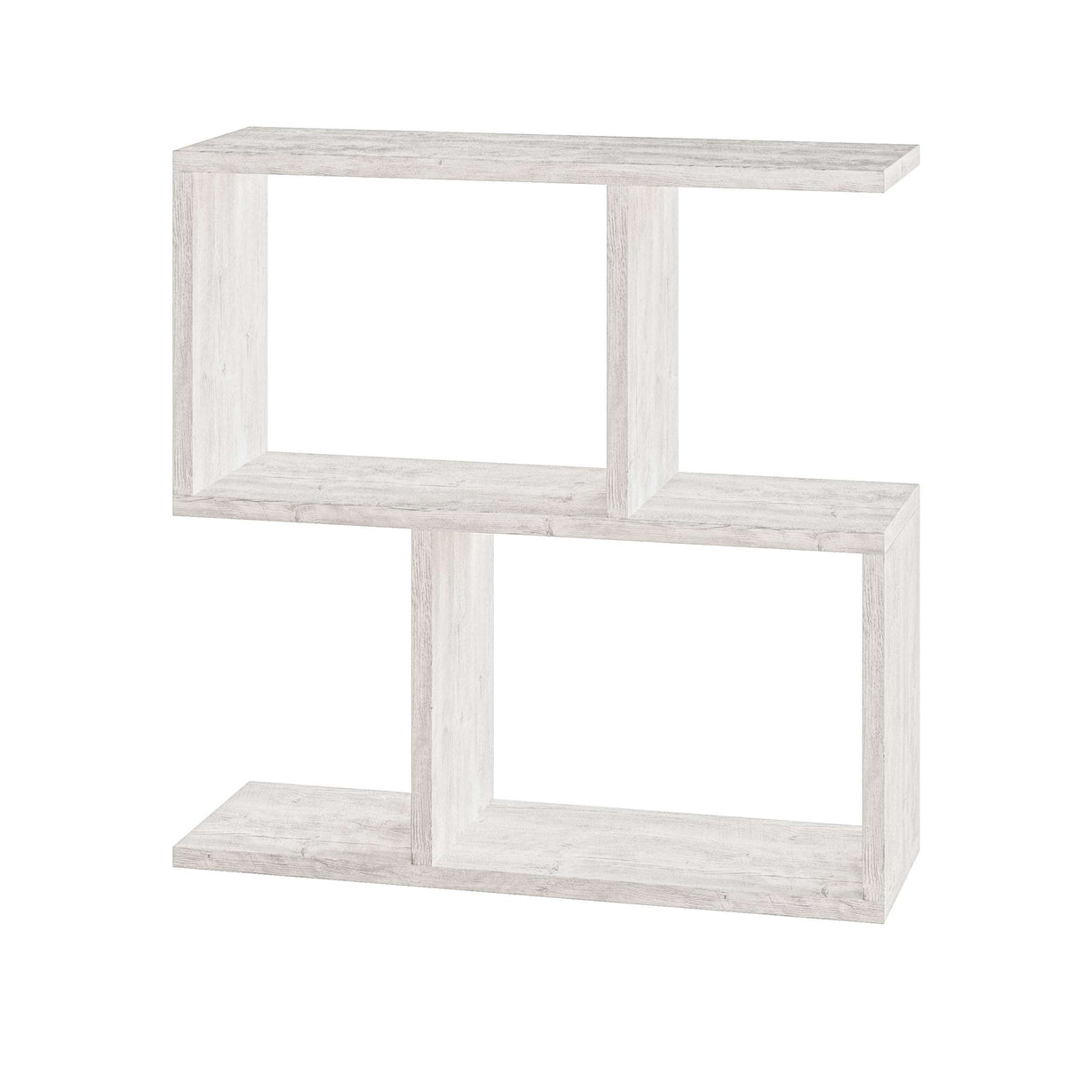 Modern side table with 4 open shelves, light distressed white wood