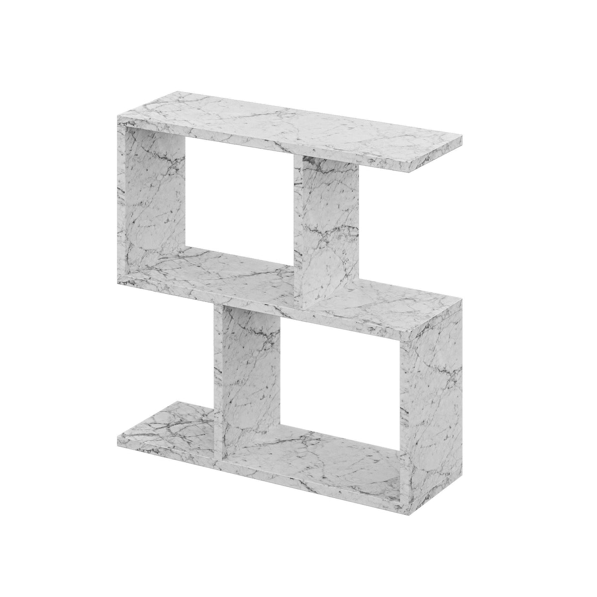 Modern side table with 4 open shelves, white marble-look finish