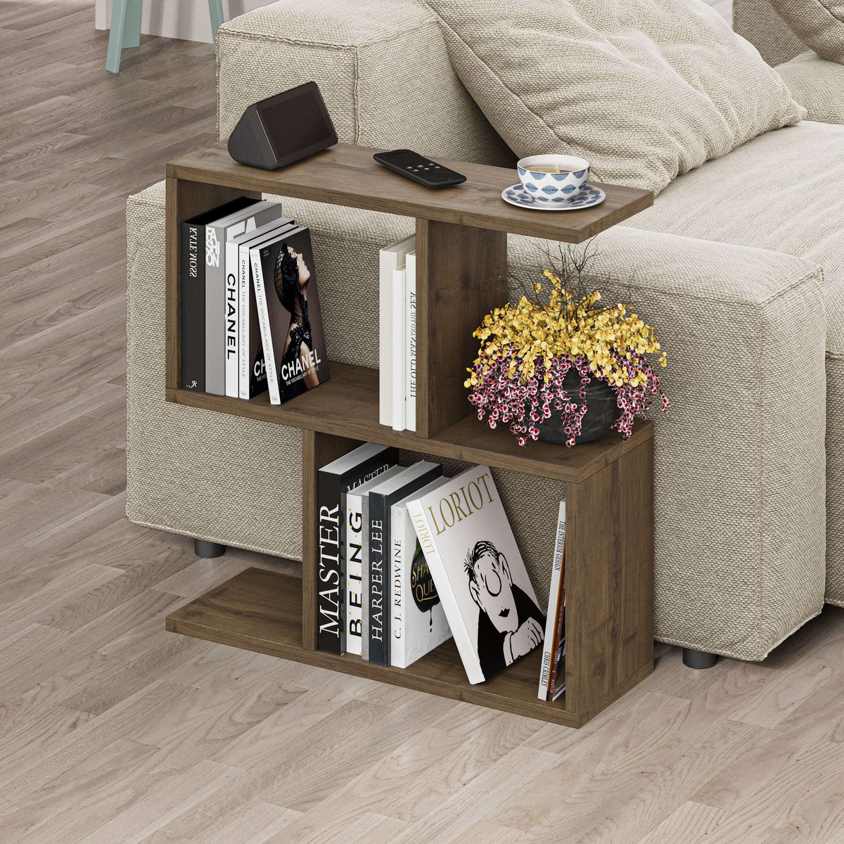 Modern side table with 4 open shelves, dark wood finish, open cube shelving