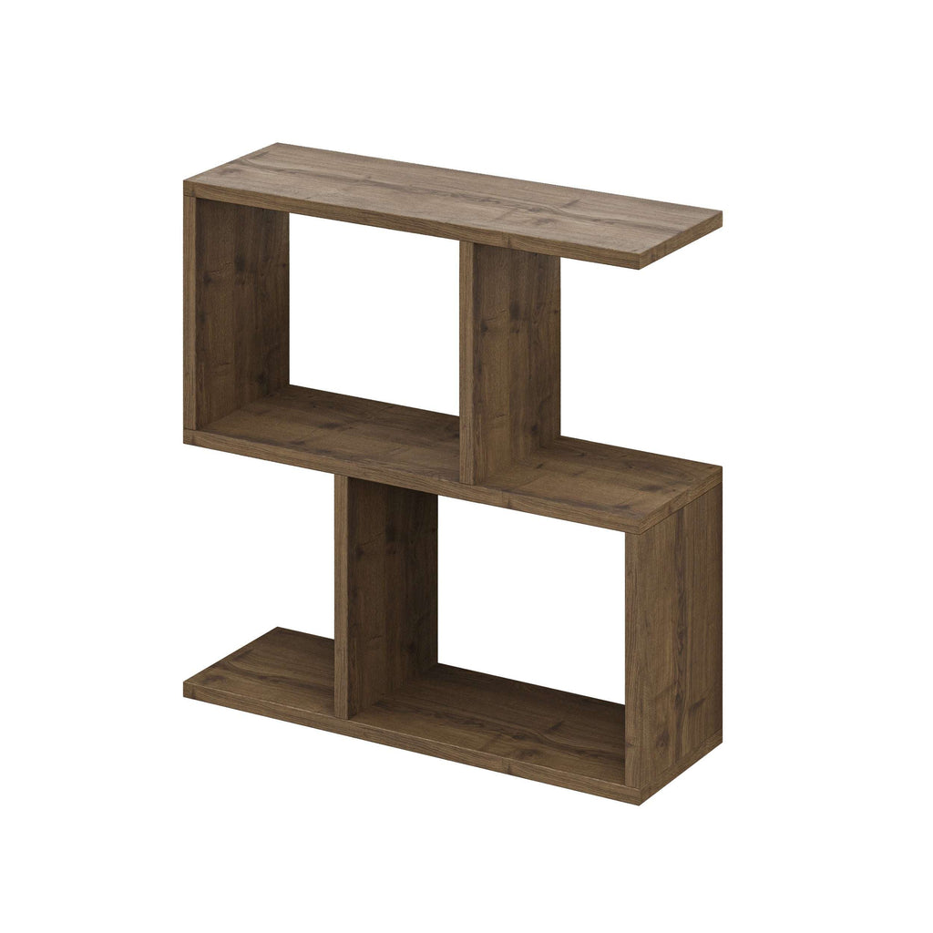 Modern side table with 4 open shelves, warm walnut-brown wood