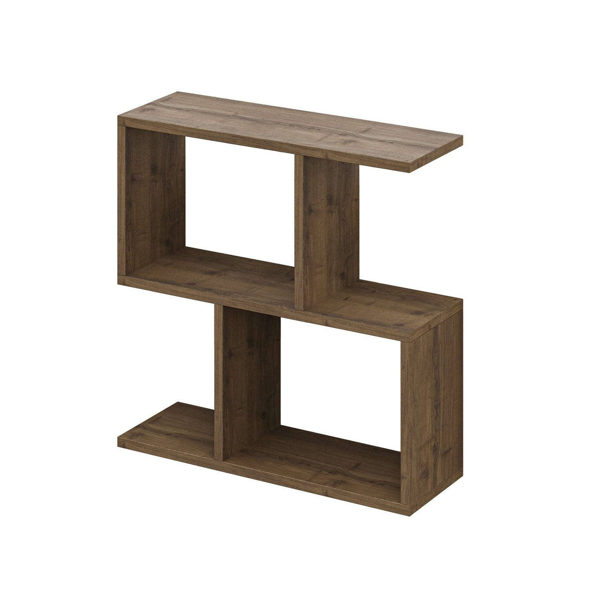 Modern side table with 4 open shelves, warm walnut-brown wood