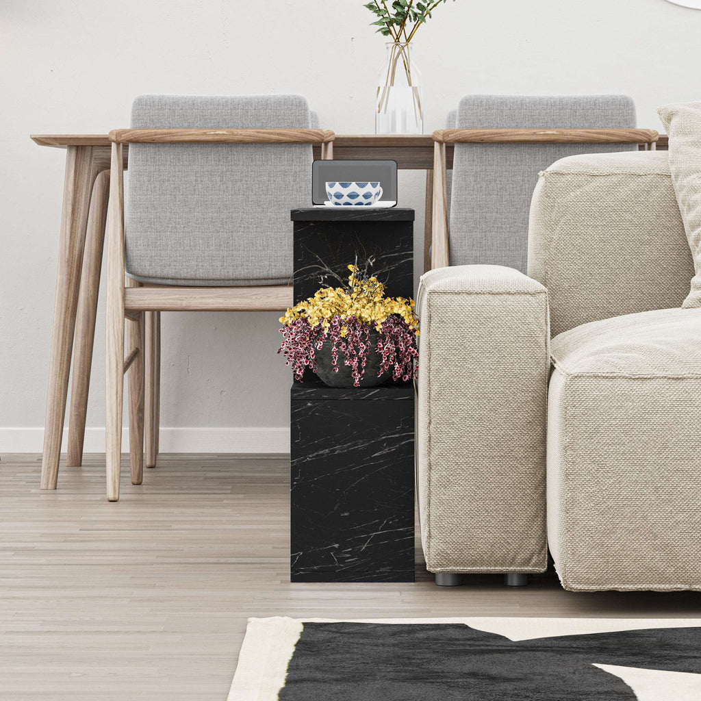 Modern side table with 4 open shelves, black marble-look finish, open cubby shelving