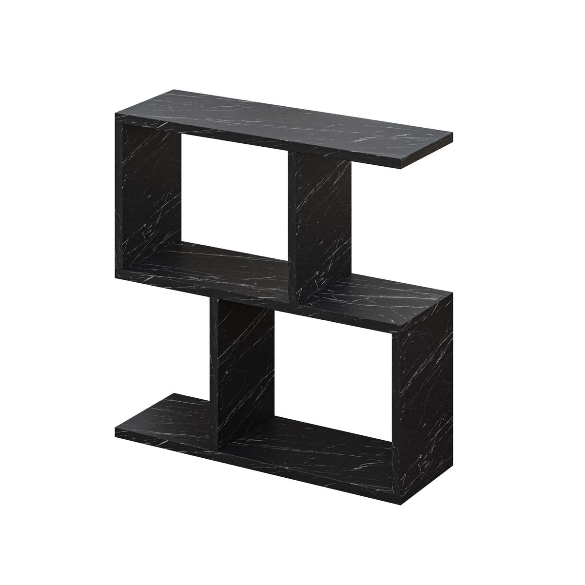 Modern side table with 4 open shelves, black marble-look finish