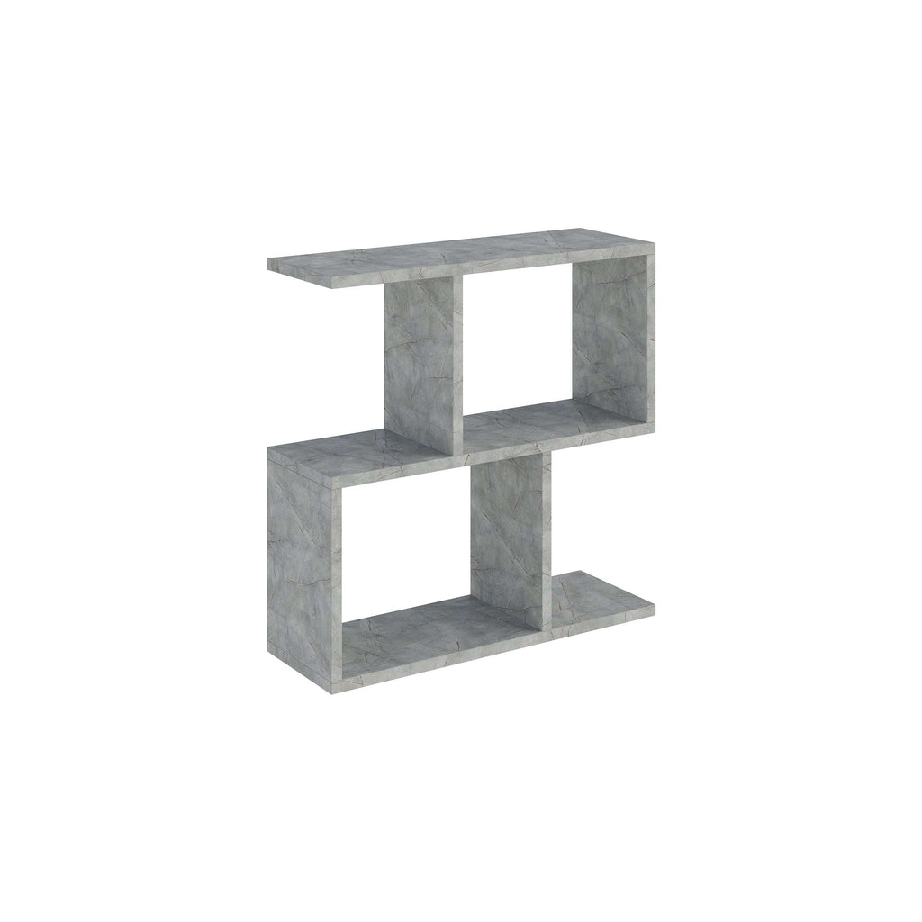 Modern side table with 4 open shelves, light gray stone-look finish