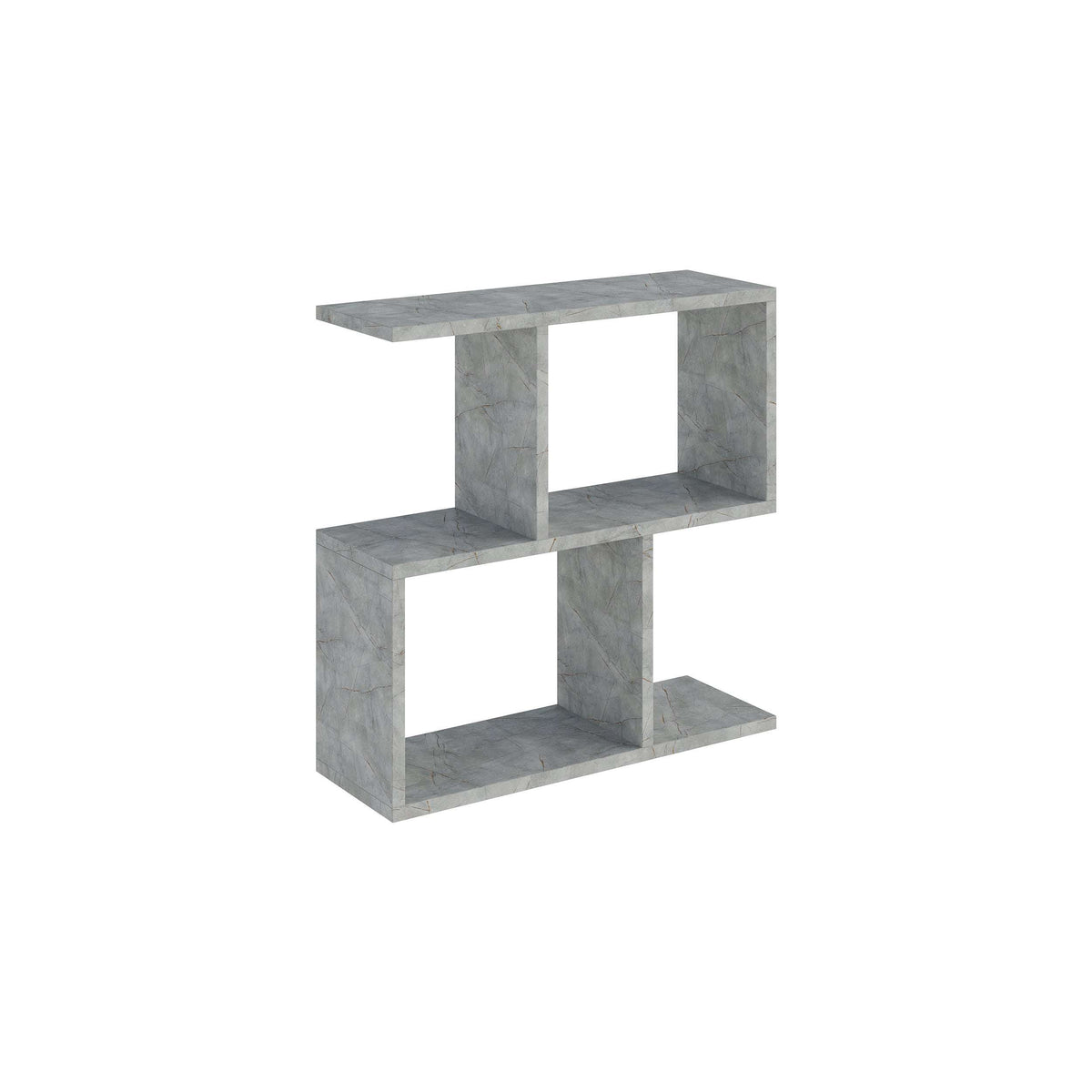 Modern side table with 4 open shelves, light gray stone-look finish