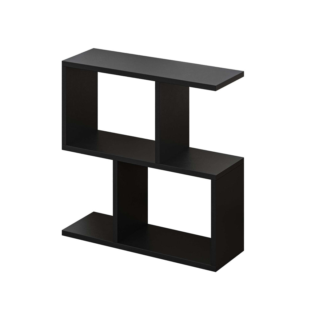 Modern side table with 4 open shelves, dark black finish, rectangular frame