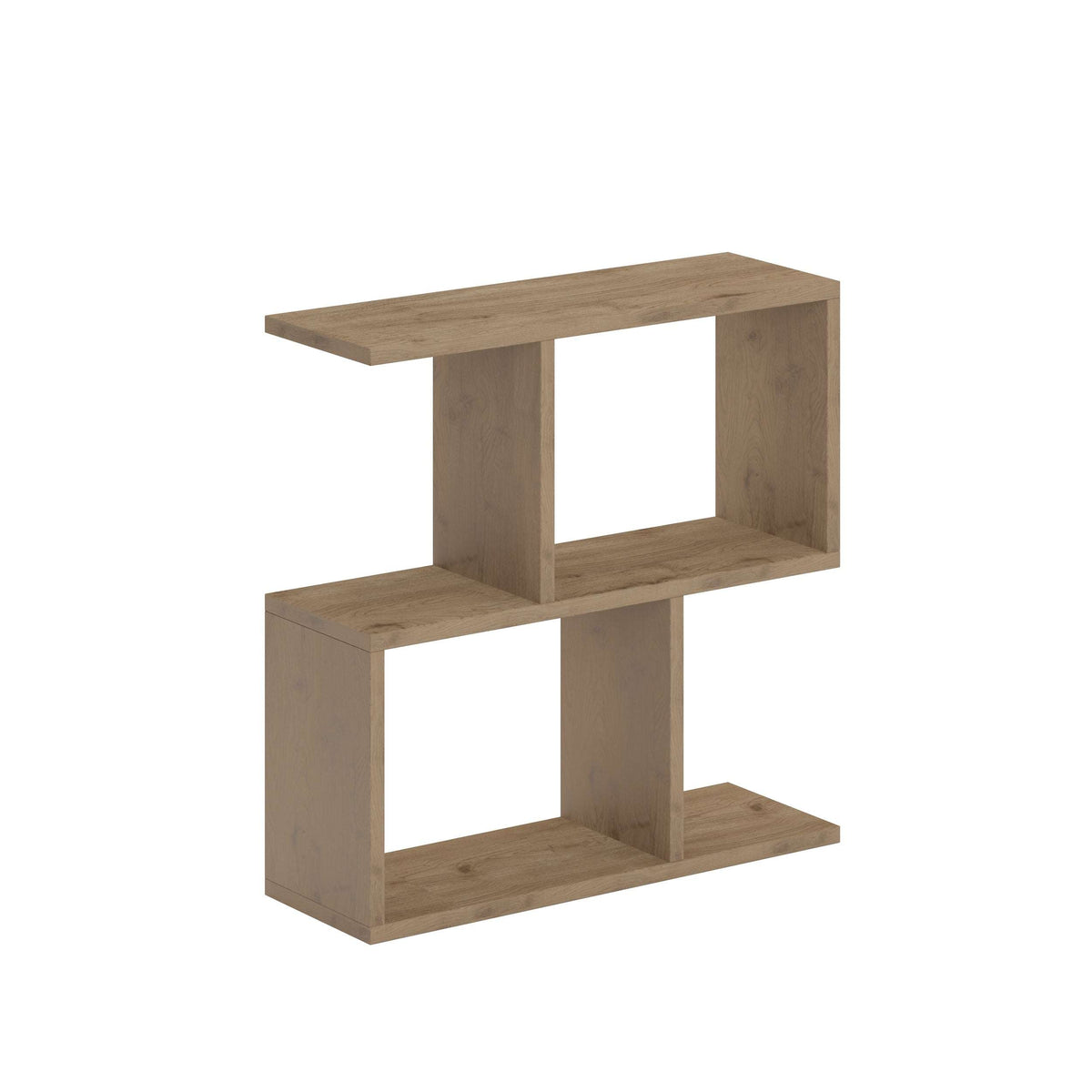 Modern side table with 4 open shelves, light oak wood finish, open cubby design