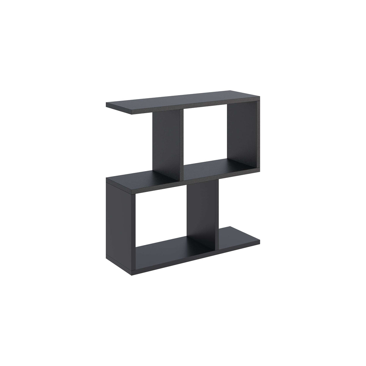 Modern side table with 4 open shelves, dark gray finish, open cubby shelves