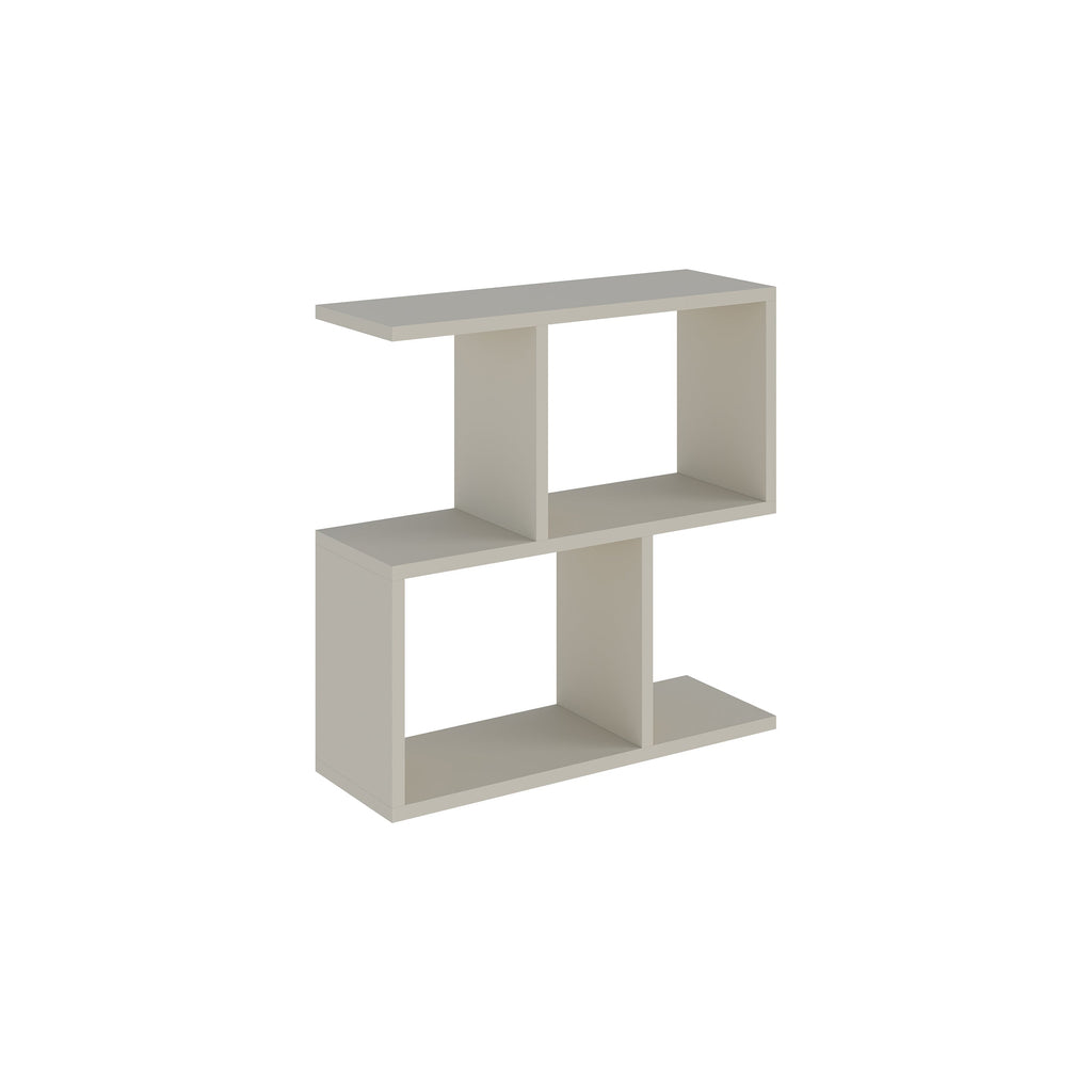Modern side table with 4 open shelves, light gray finish, open cubby shelving