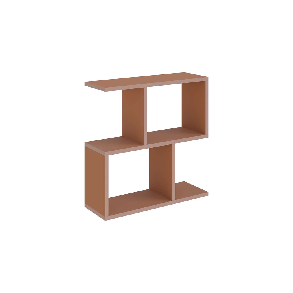 Modern side table with 4 open shelves, warm brown wood finish, open storage shelves