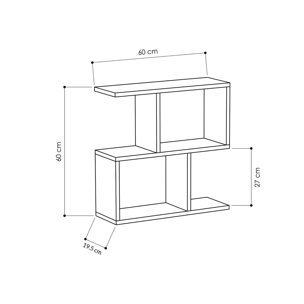 Modern side table with 4 open shelves, size diagram 60 x 60 x 27 cm