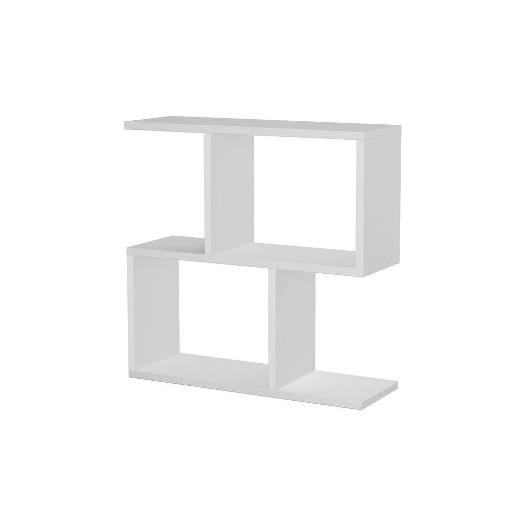 White modern side table with four open shelves, minimalist open cubbies