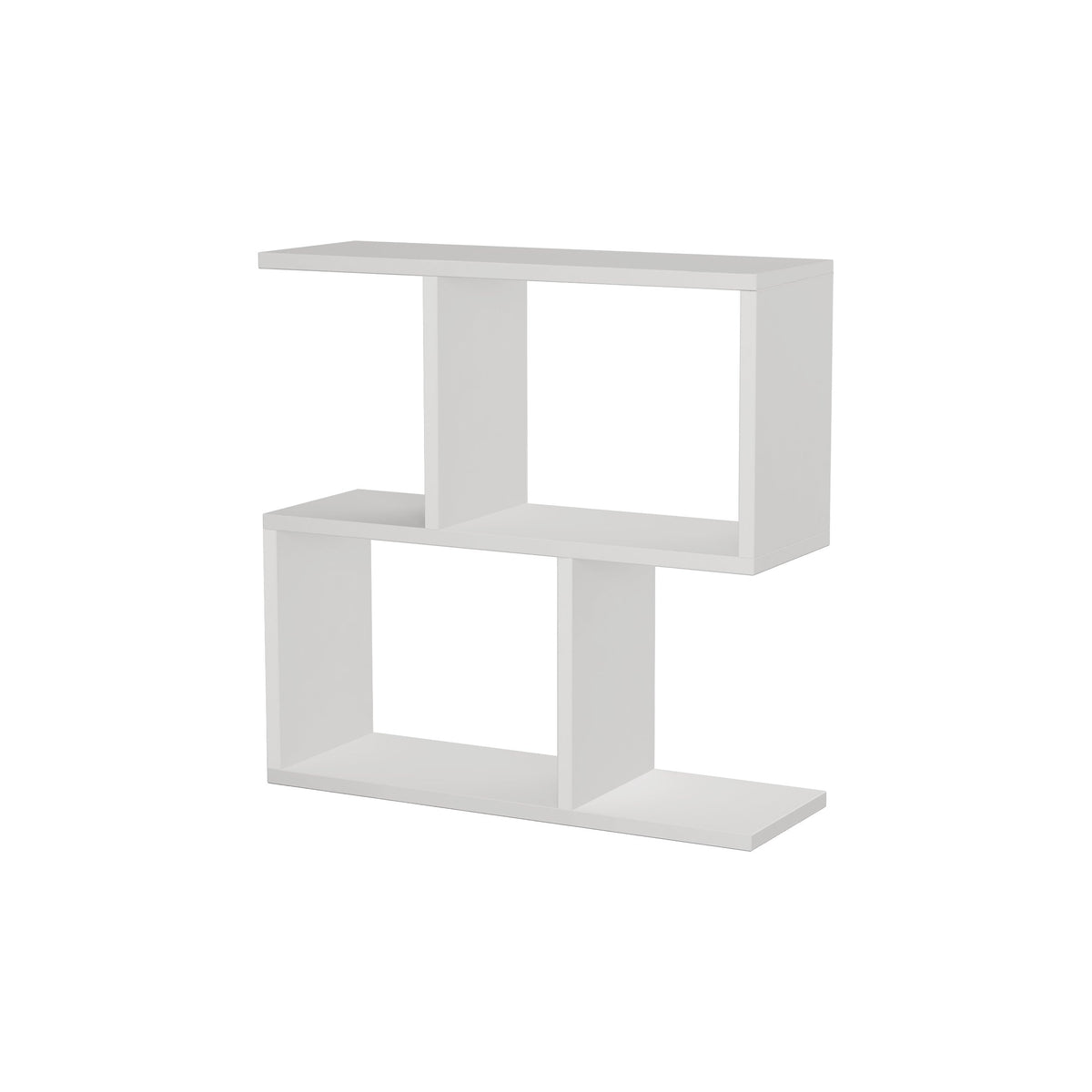 White modern side table with four open shelves, minimalist open cubbies