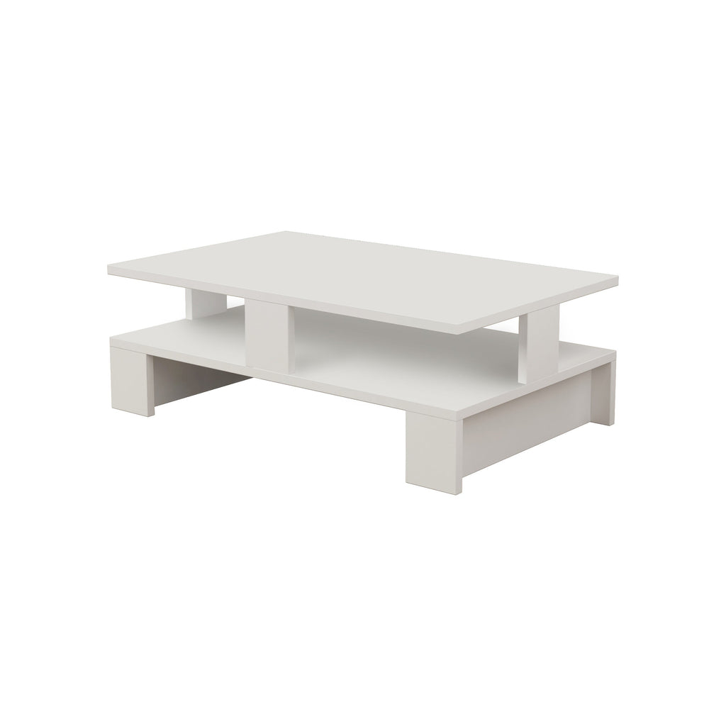 White multipurpose coffee table with open storage shelves, 27.5 cm high.