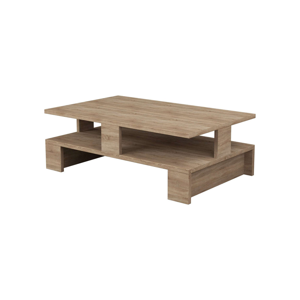 Oak-toned multipurpose coffee table with open storage shelves, 27.5 cm high.