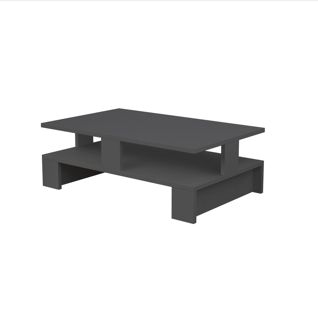Anthracite multipurpose coffee table with open shelves and thick tabletop, 27.5 cm high.