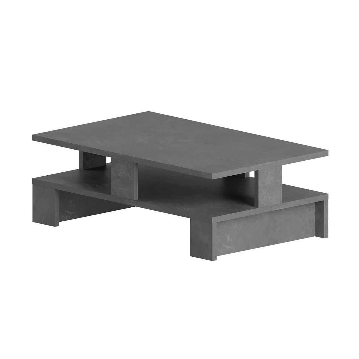 Dark grey multipurpose coffee table with open storage shelves, 27.5 cm high.