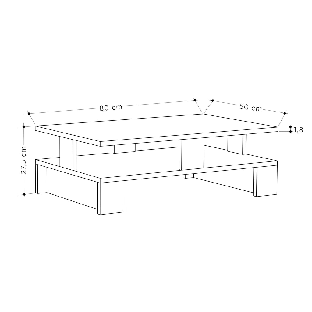 Multipurpose coffee table dimensions showing 80 cm by 50 cm, 27.5 cm high.