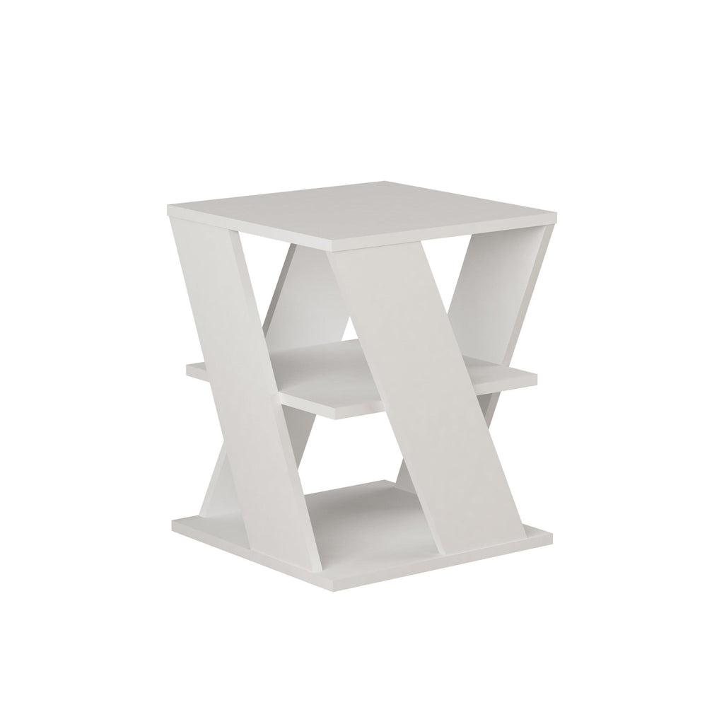 White modern coffee table with open shelves and angular, geometric frames