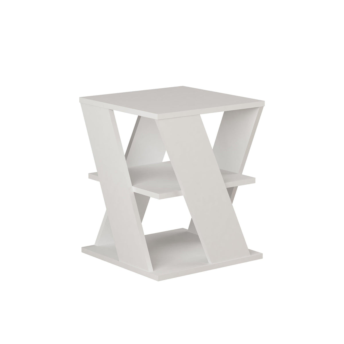 White modern coffee table with open shelves and angular, geometric frames