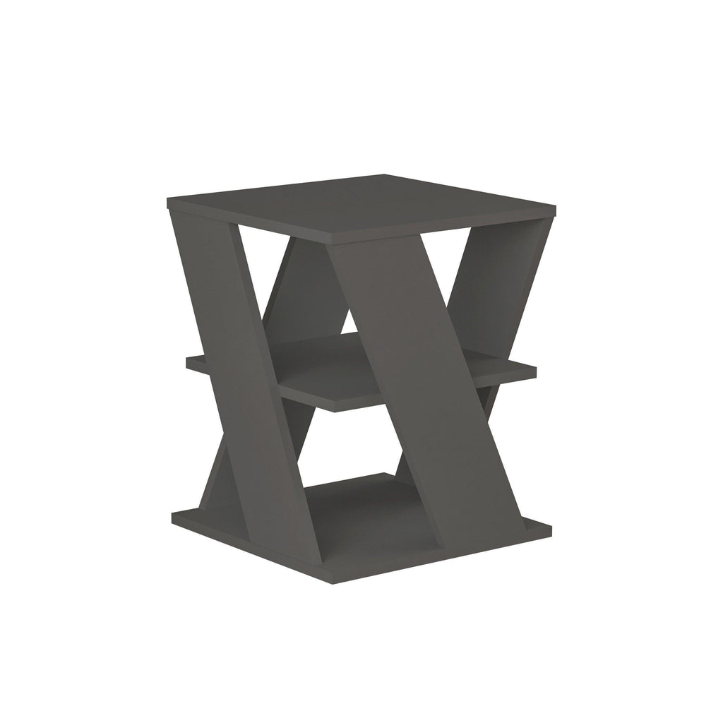 Anthracite modern coffee table with open shelves and angular, geometric frames