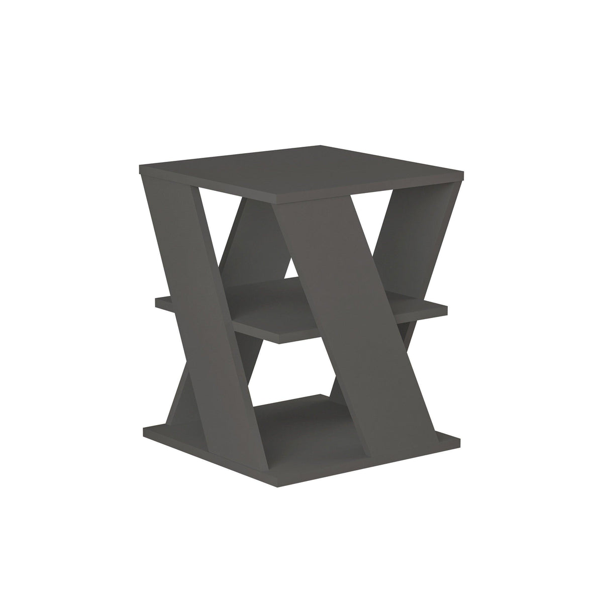 Anthracite modern coffee table with open shelves and angular, geometric frames
