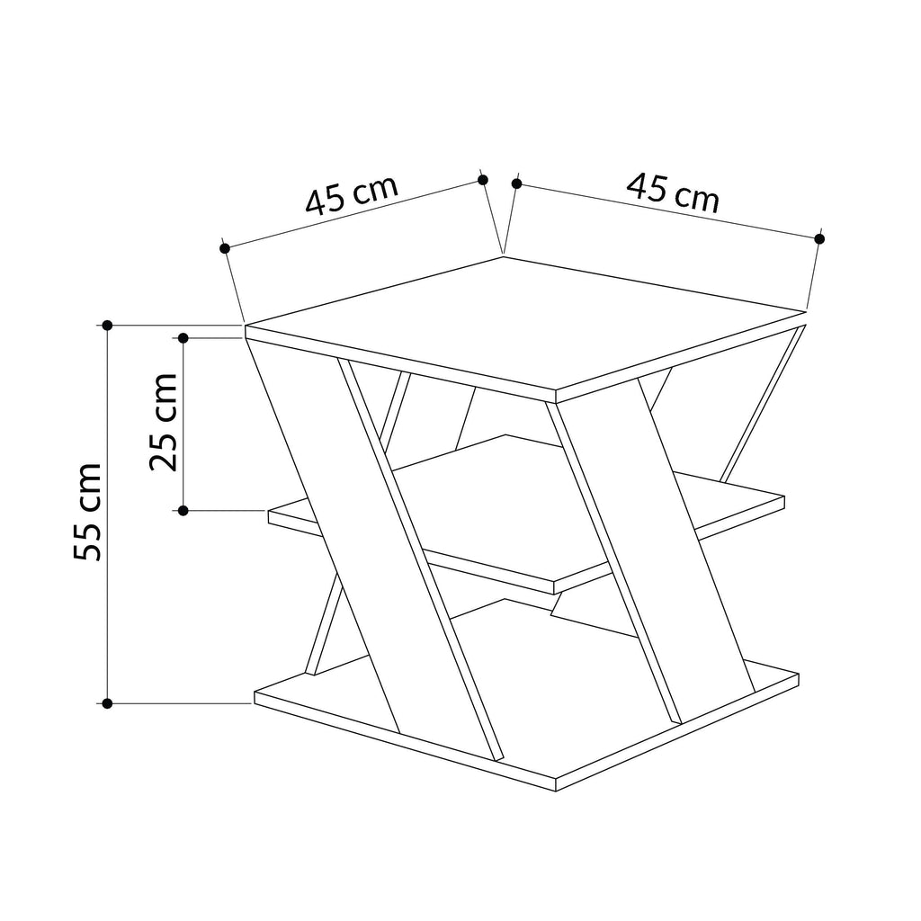 Modern coffee table dimensions view: square top with open shelf storage