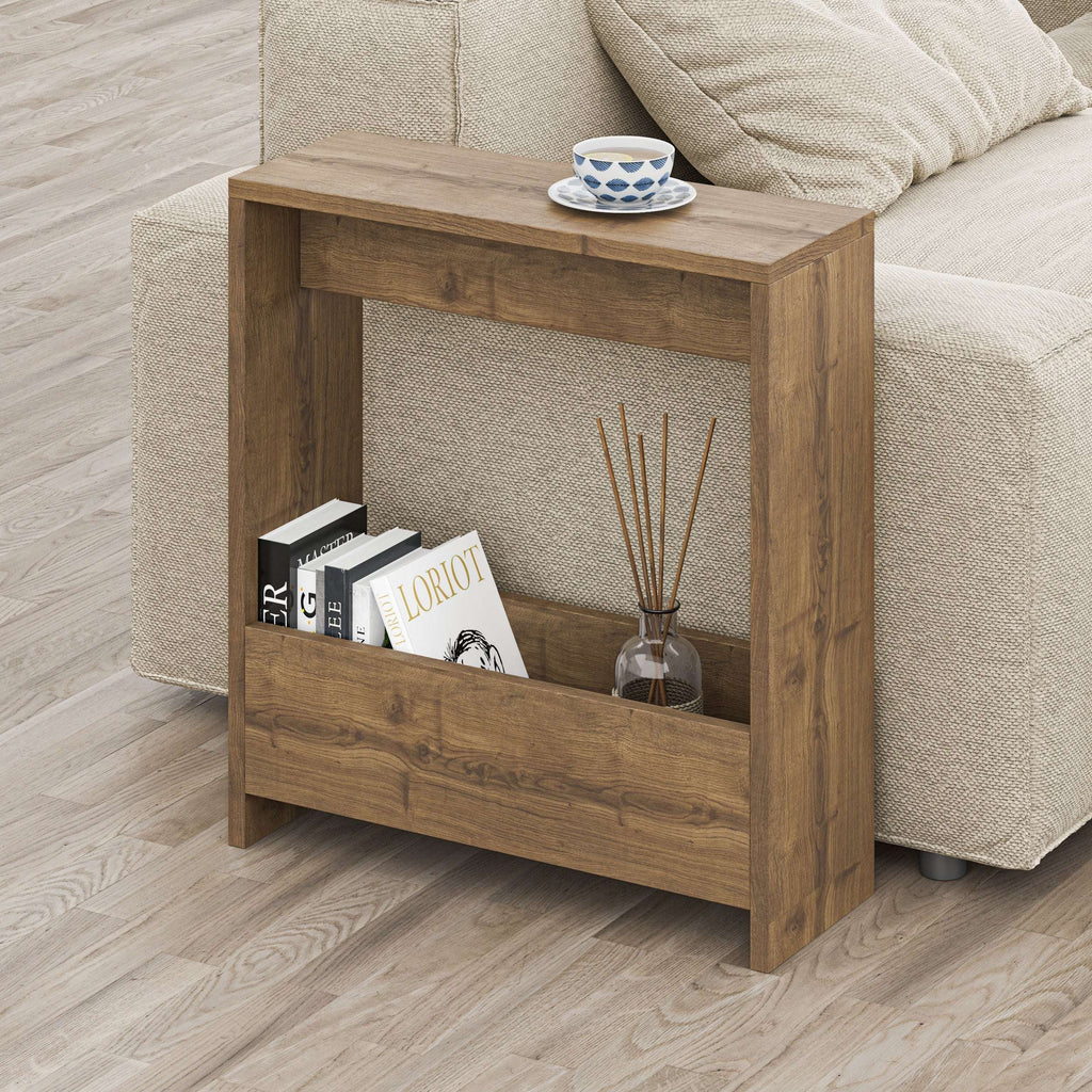 Brown wooden side table with magazine rack and open lower shelf, square top