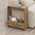 Brown wooden side table with magazine rack and open lower shelf, square top