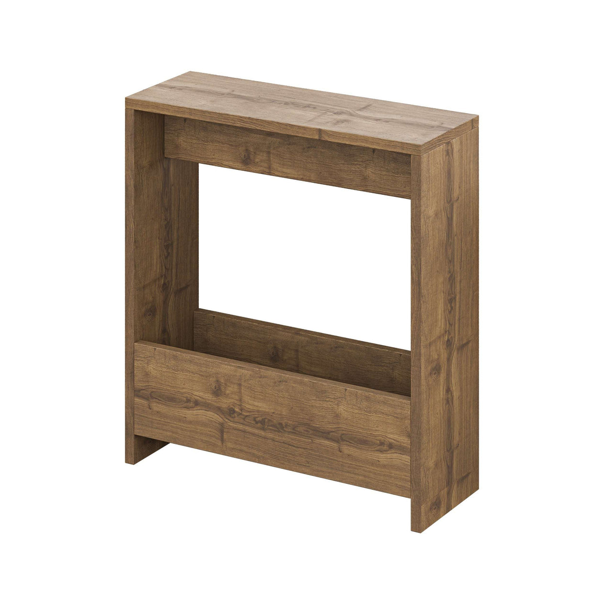 Side table with magazine rack, warm dark oak wood finish with open storage