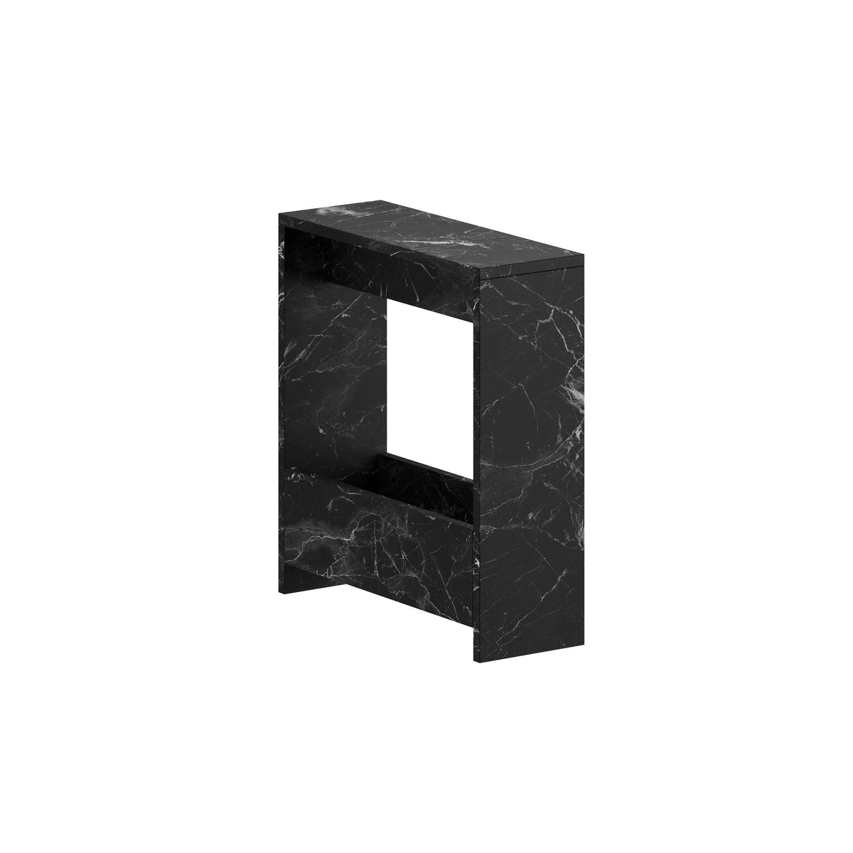 Compact side table with open magazine rack, black marble-look finish, square frame