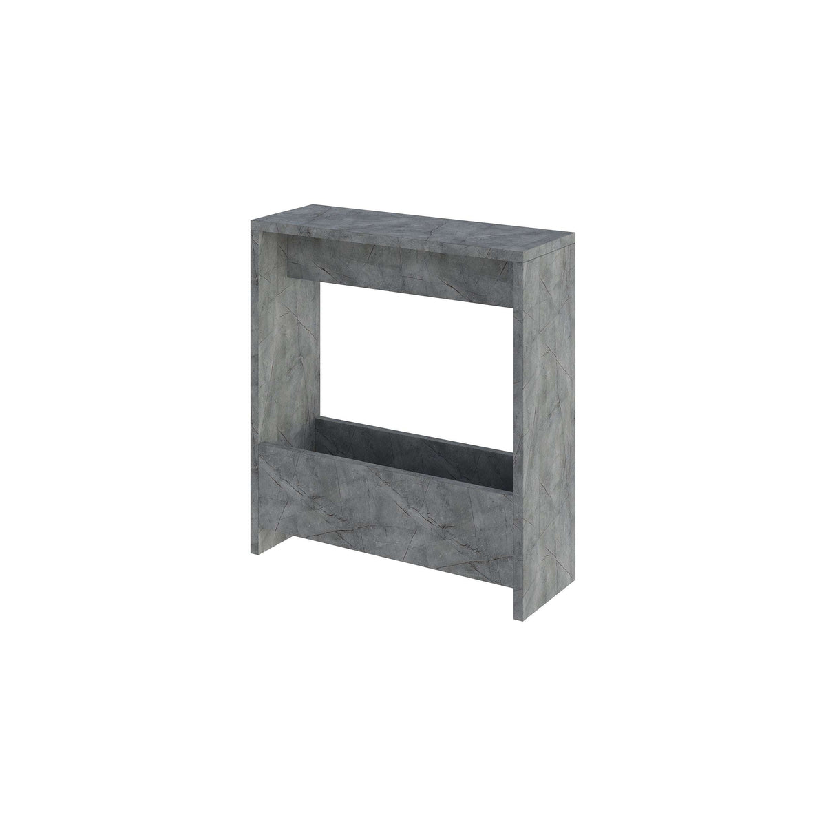 Compact side table with open magazine rack, gray concrete-look finish, square frame
