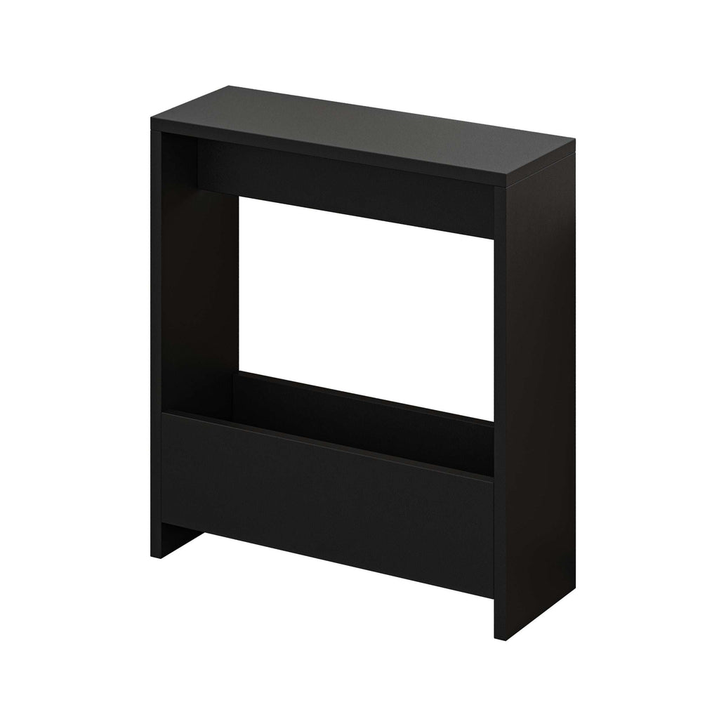 Compact side table with open magazine rack, black wood finish, square frame