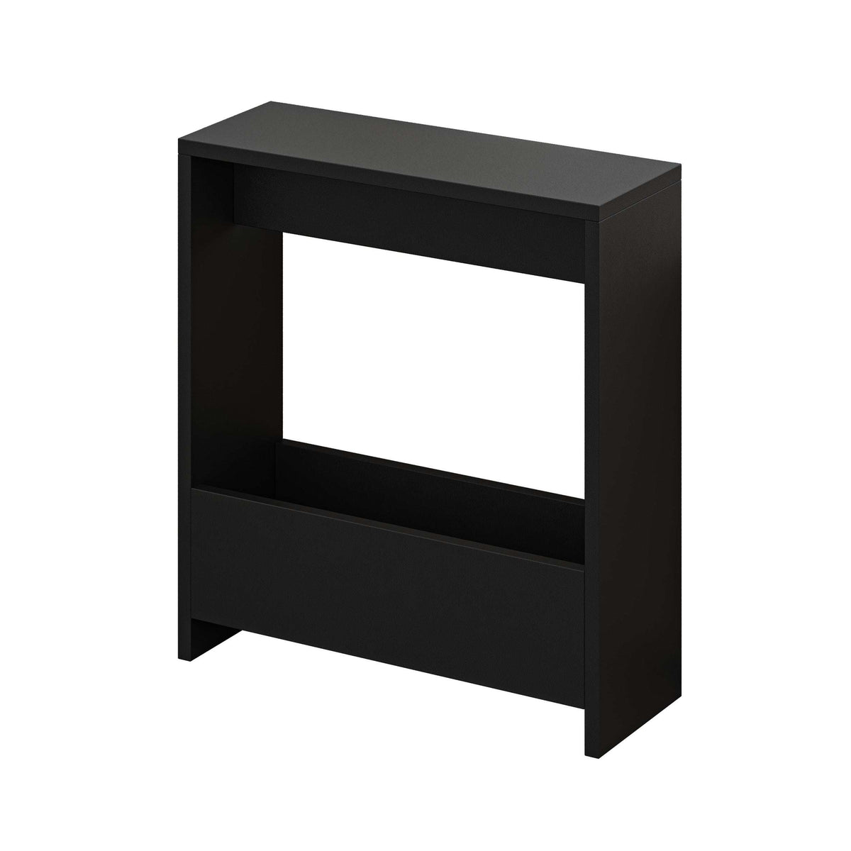 Compact side table with open magazine rack, black wood finish, square frame