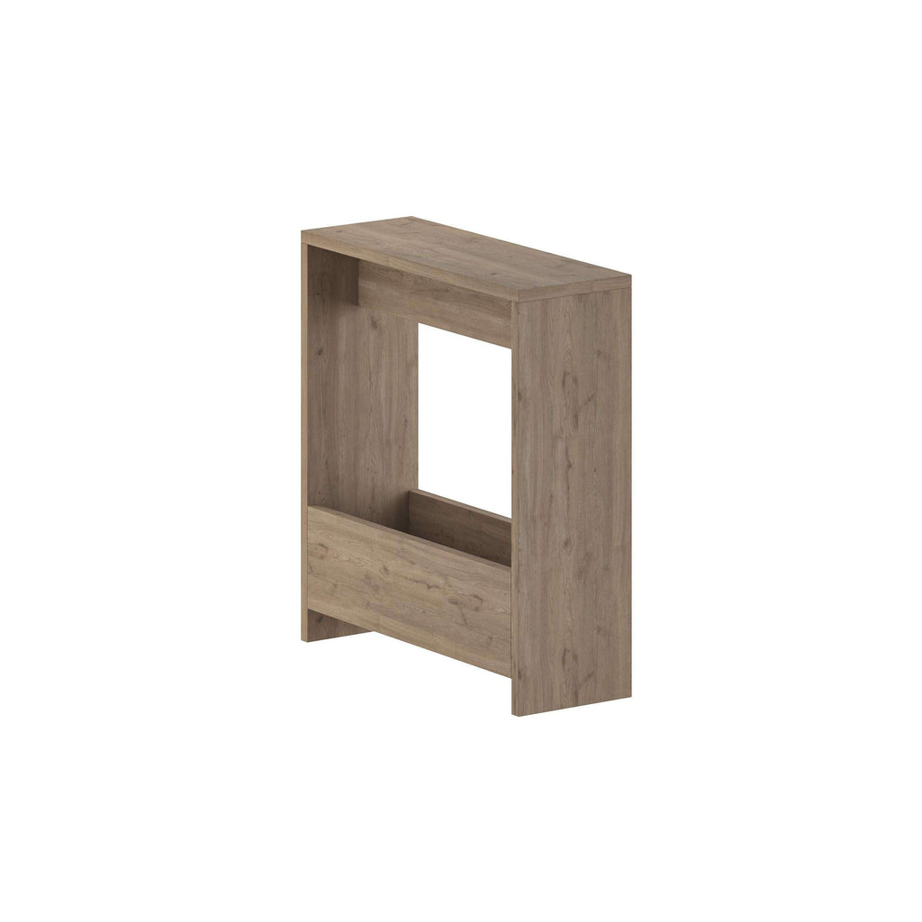 Compact side table with open magazine rack, natural oak wood finish, square frame