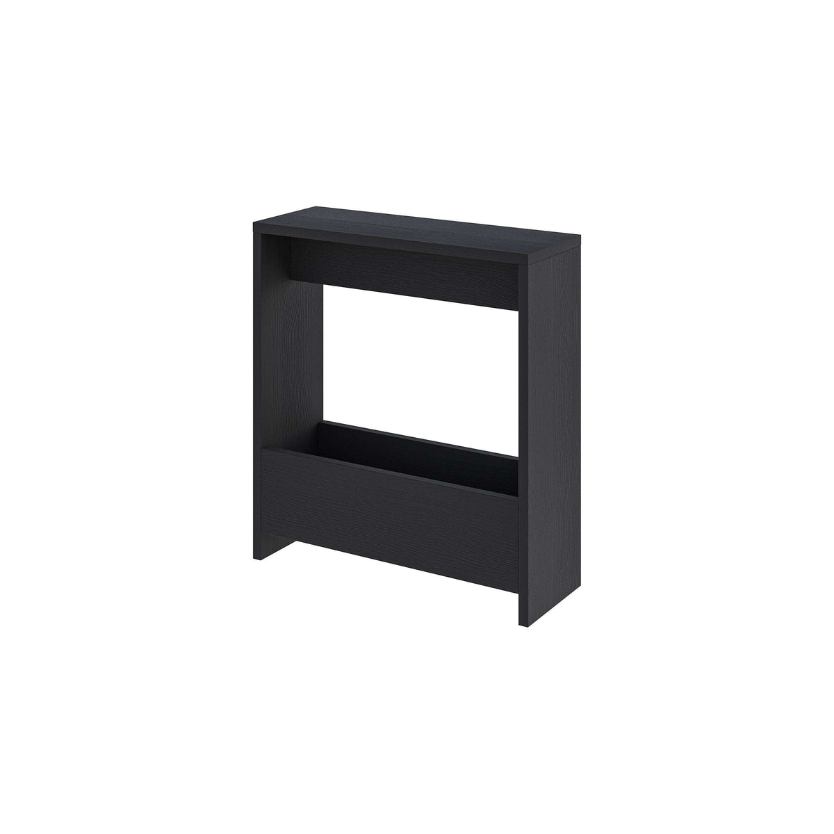 Compact side table with open magazine rack, dark wood finish, square frame