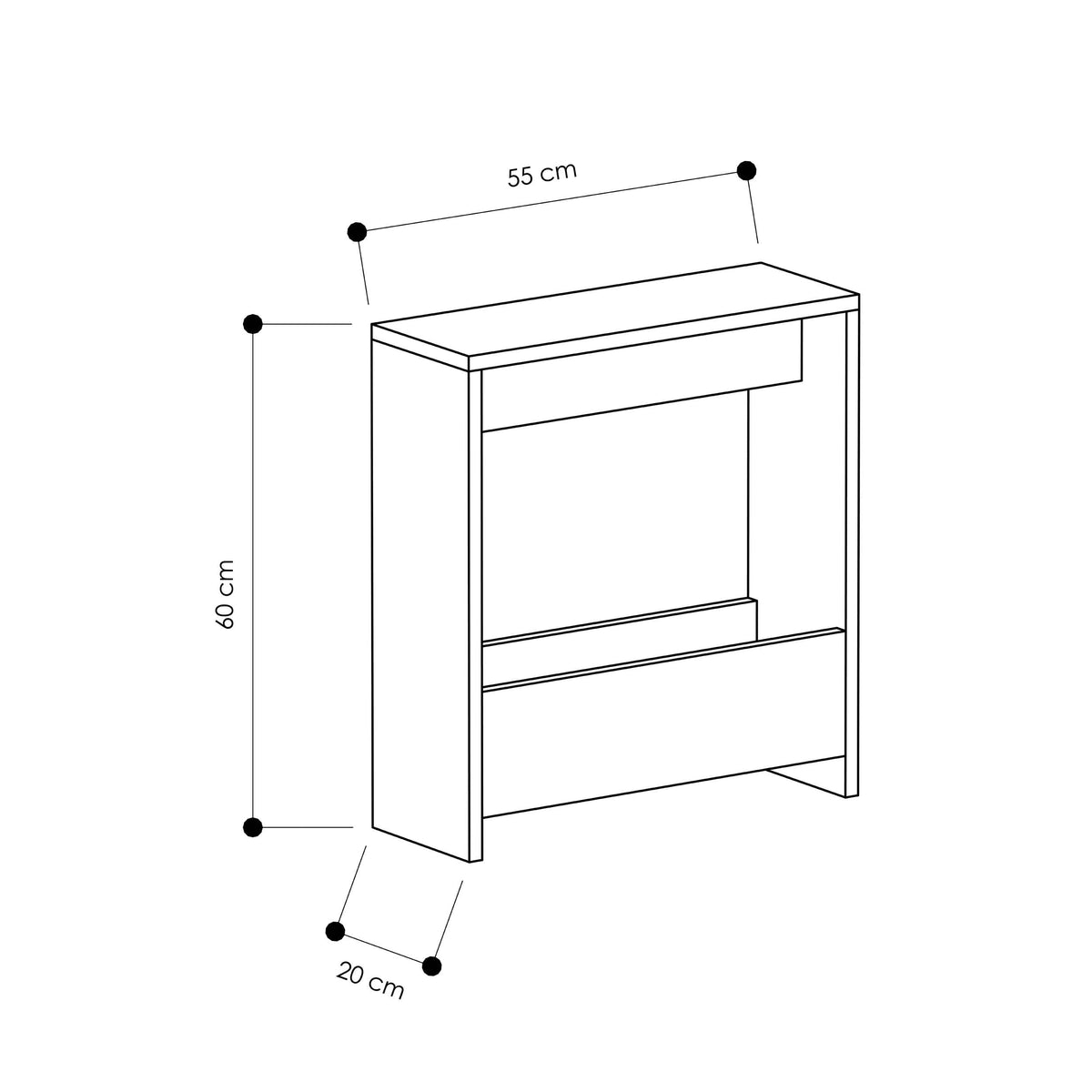 Side table dimensions diagram showing height, width, and depth measurements