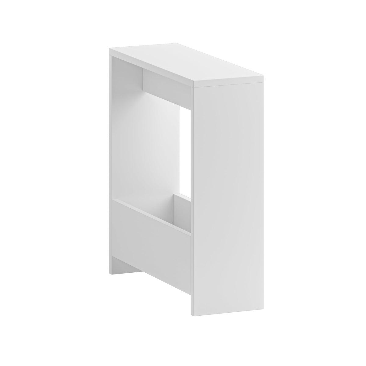 Side table with magazine rack, white finish with open shelving and side panels